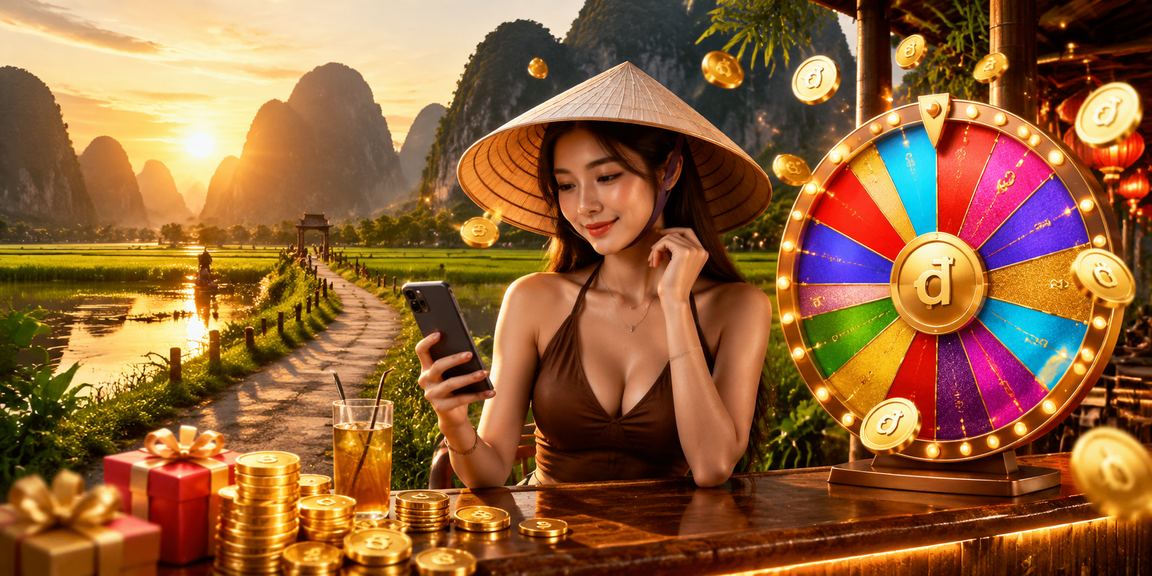 Trò chơi Roulette tại Ninh Bình với phụ nữ mặc áo dài nón lá trong không gian giải trí